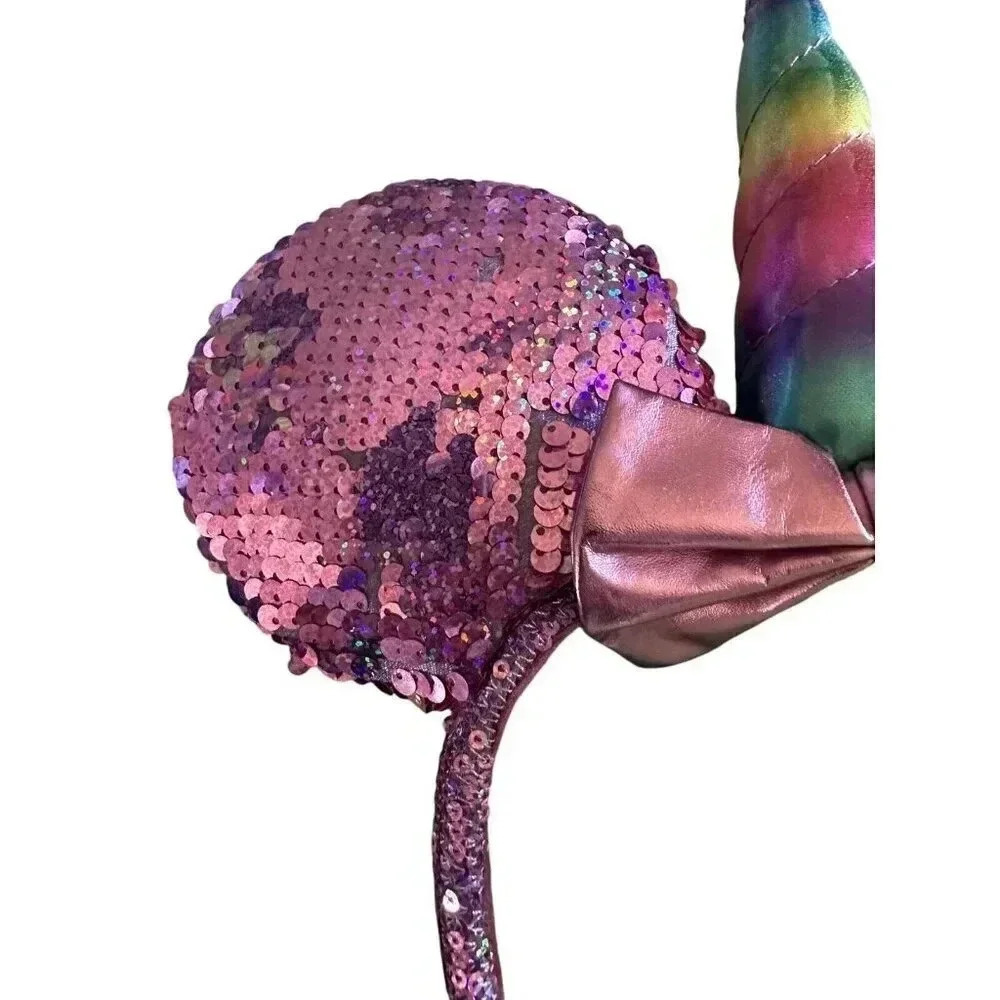 Disney Parks Minnie Mouse Ears Pink Purple Sequin Unicorn Rainbow Veil Headband - Picture 3 of 6
